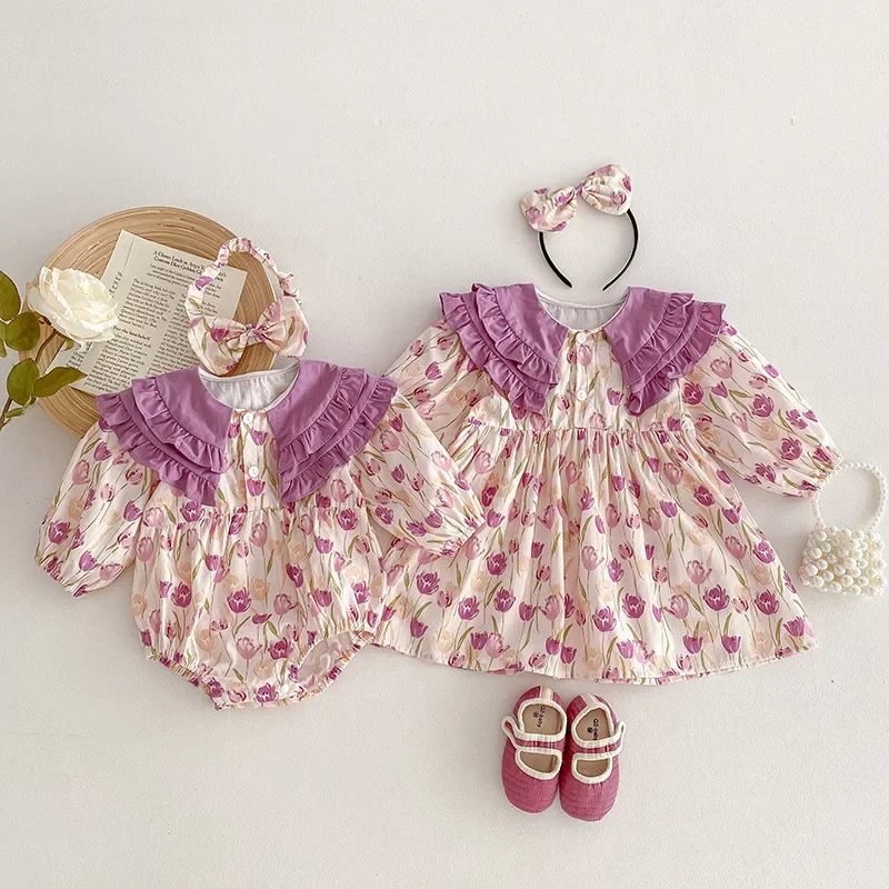 2024 Korean Spring Infant Girls Sister Look Cotton Purple Flower Printed Long Sleeve Baby Girls Rompers Kids Girls Dress