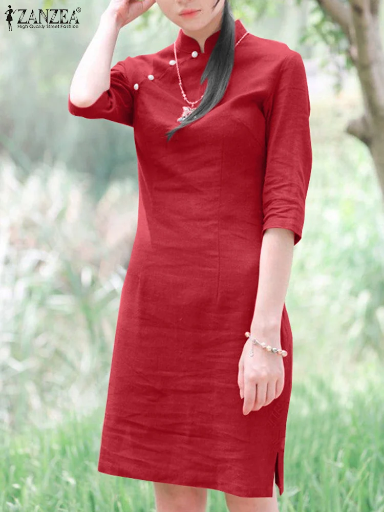 

Элегантное летнее женское платье ZANZEA с воротником-стойкой, повседневное однотонное женское платье из хлопка в винтажном стиле