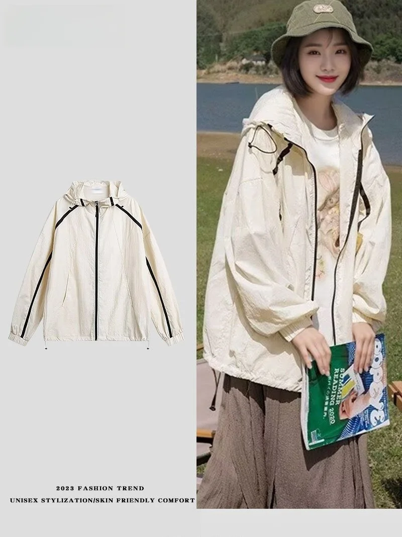 

Couple's Outdoor UV Protection Hooded Jaet Color Blo Line Pattern Men's American Street Sle Anti-Uv Windbreaker