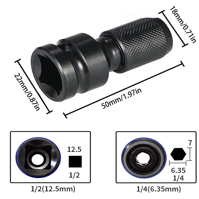 Universal Adaptive Wrench Adapter 1/2 Drive for Impact Wrench to 1/4 Female Hex Adapter Quick Release Telescopic Converter Tool