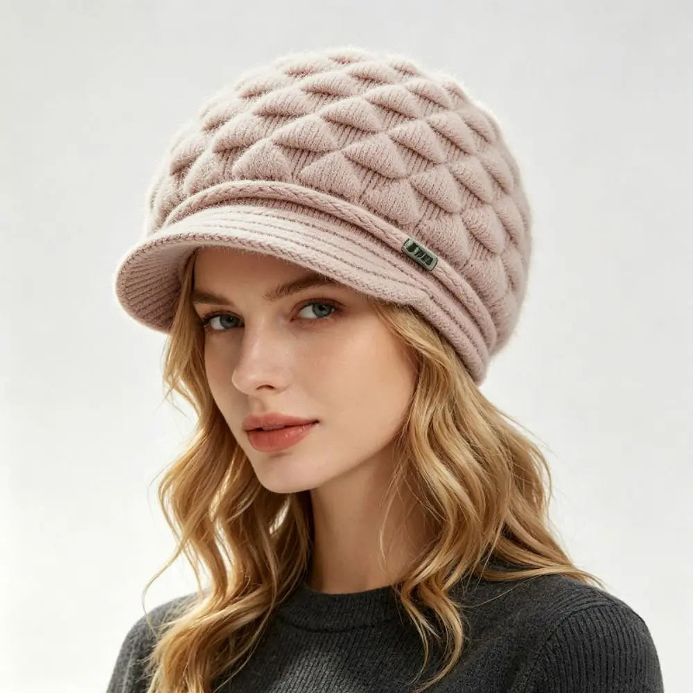 Diamond Pattern Women's Winter Visor Beanie Extended Sides Soft Lined Newsboy Knit Cap Warm Loose Fit Ear Cover Hat Commuting