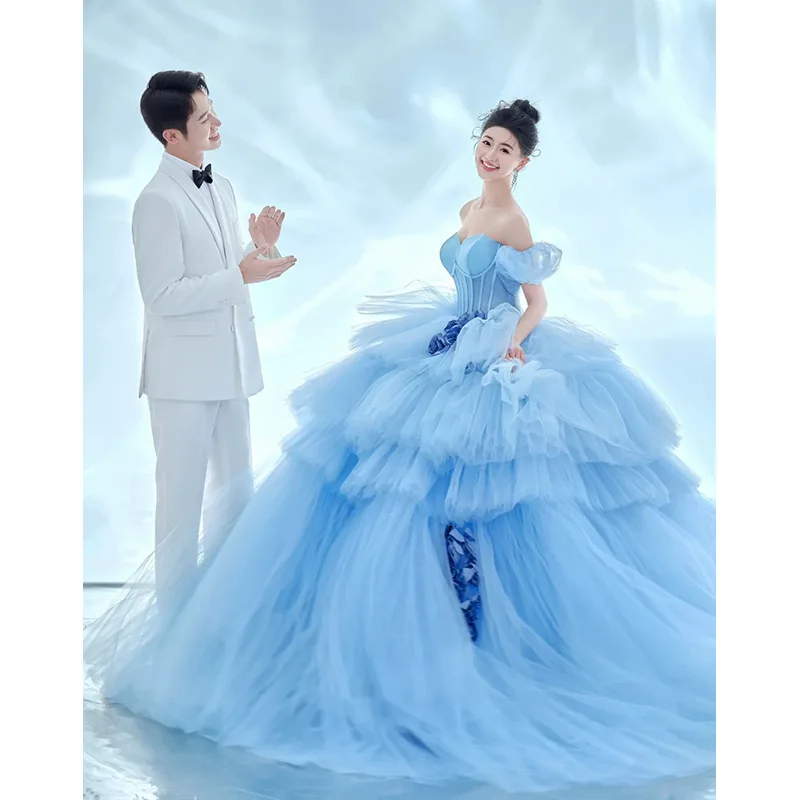 Customized Blue Ball Gown Wedding Dresses Tulle Appliques Bridal Gowns Formal robe de mariée