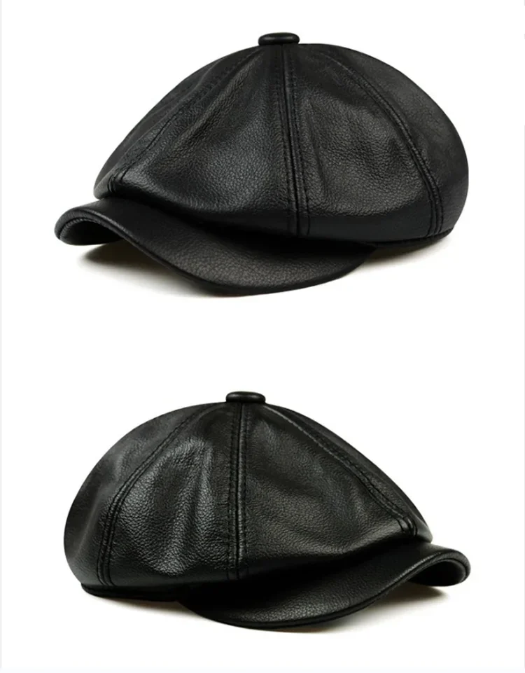 Retro Brown Hats Men Spring/Winter 100% Real Leather Warm Cap Male Beret Painter Boina Cowhide Octagonal Casquette High Quality