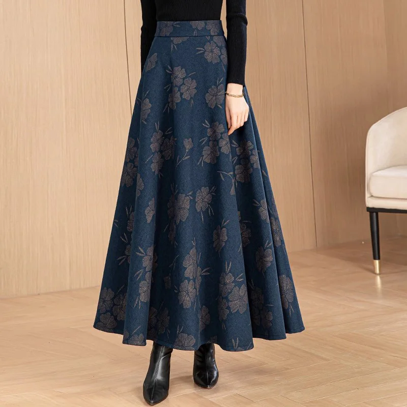 

New Women Floral Long Skirt Autumn Fashion Stretch High Waist A-line Print Skirt Elegant Vintage Basic Skirt Female