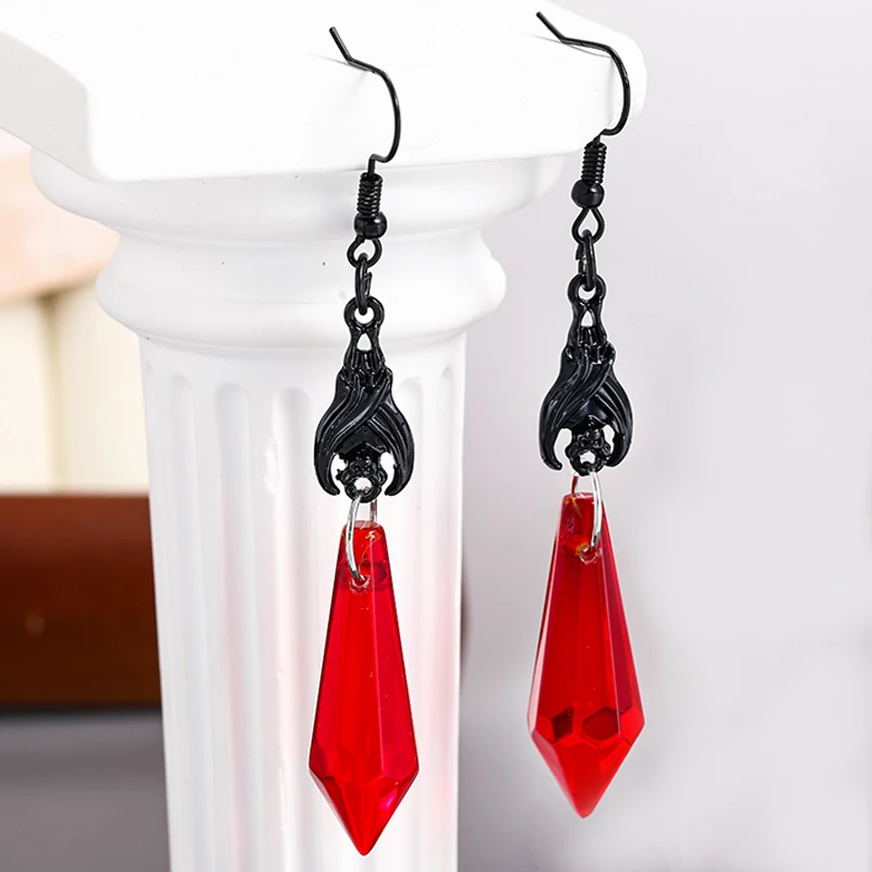 Vintage Black Bat Earrings Red Crystal Teardrop Gothic Alternative Jewelry Gothic Gift for Women New Bat Earring Lover Halloween