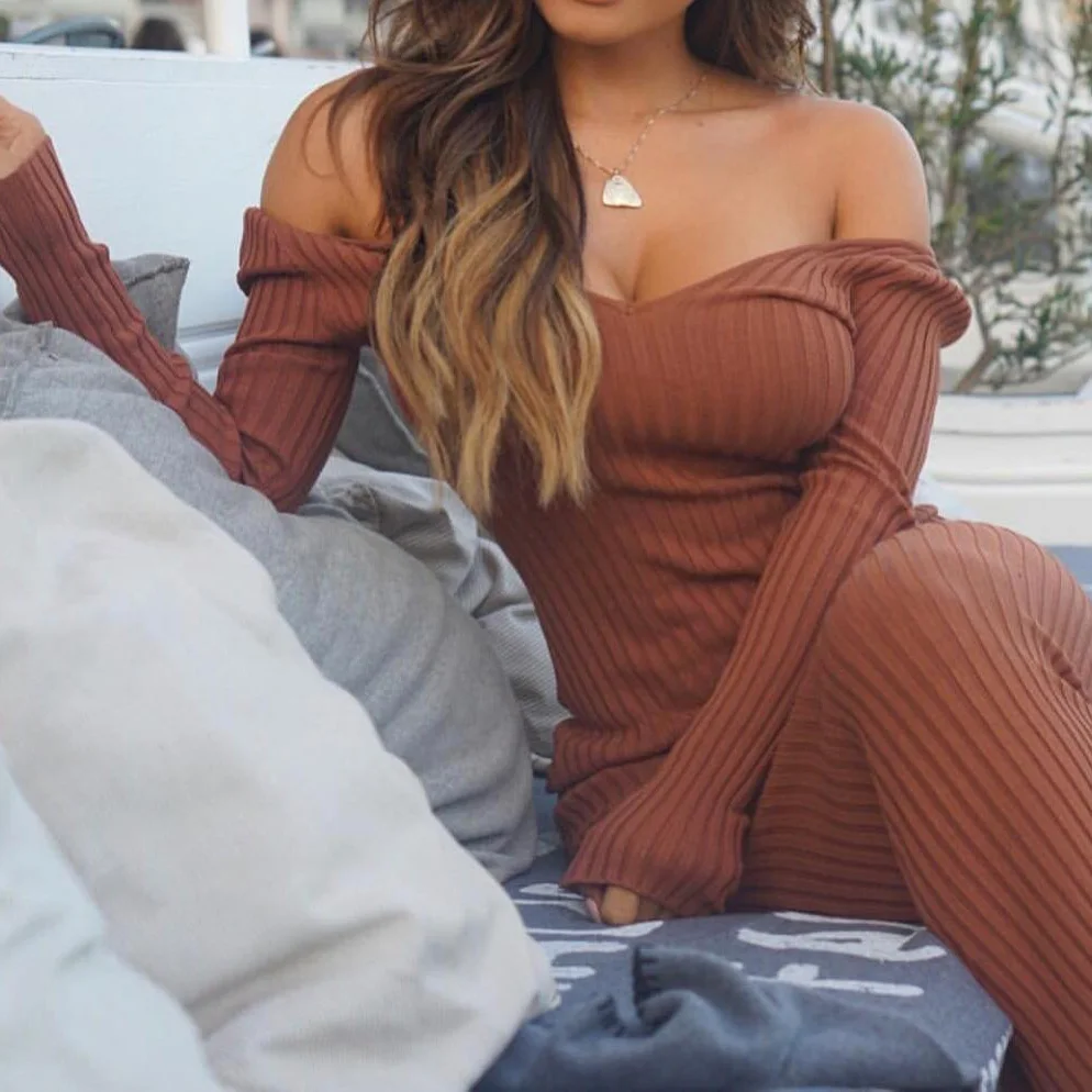 

Winter Knitted Dress Women Long Sleeve Sweater Dresses Sexy V Neck Dress Bodycon Midi Dresses Ribbed Solid Dress Brown 2021 New