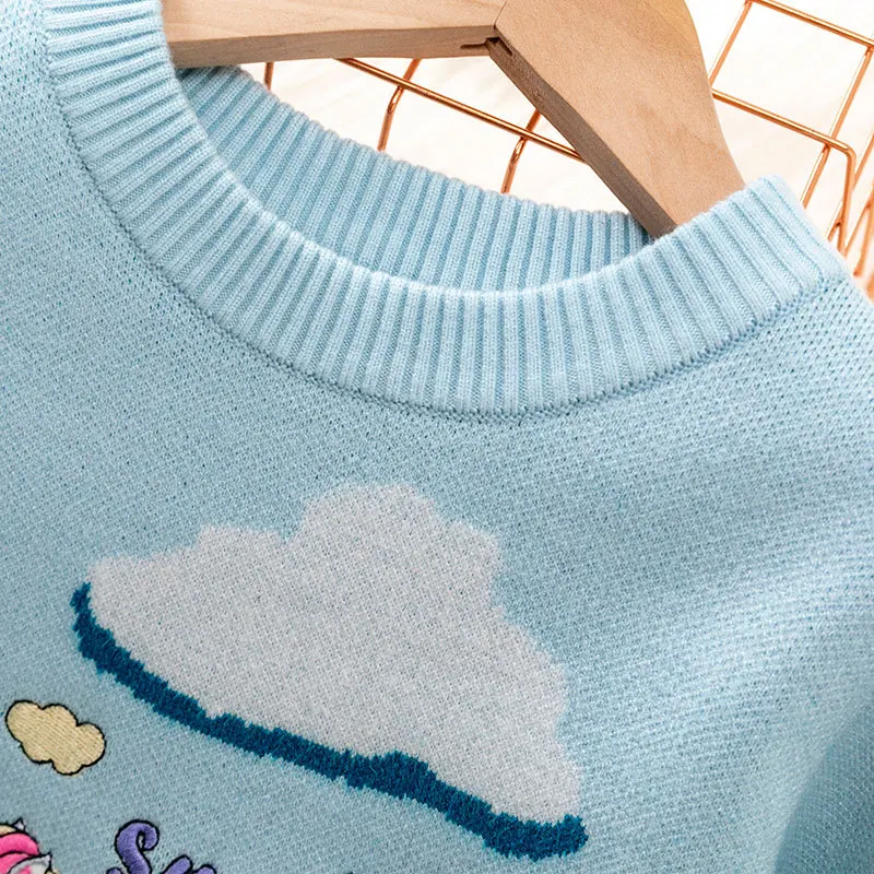 2024 New Spring and Autumn European and American Girls' Babies Cartoon Embroidered Bottom Knitted Sweater Children's Pullover S