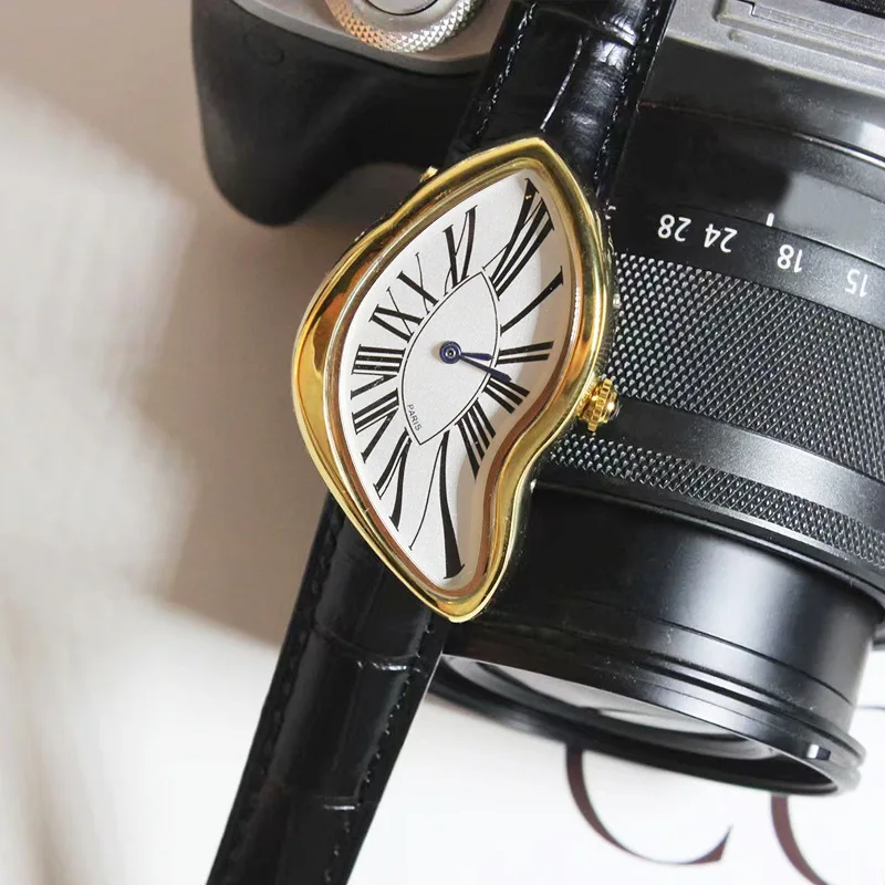 Surreal Melting Distorted Curved Dial Quartz Watch Roman Numeral Leather Strap Avant-Garde Art Fashion Women Wristwatch