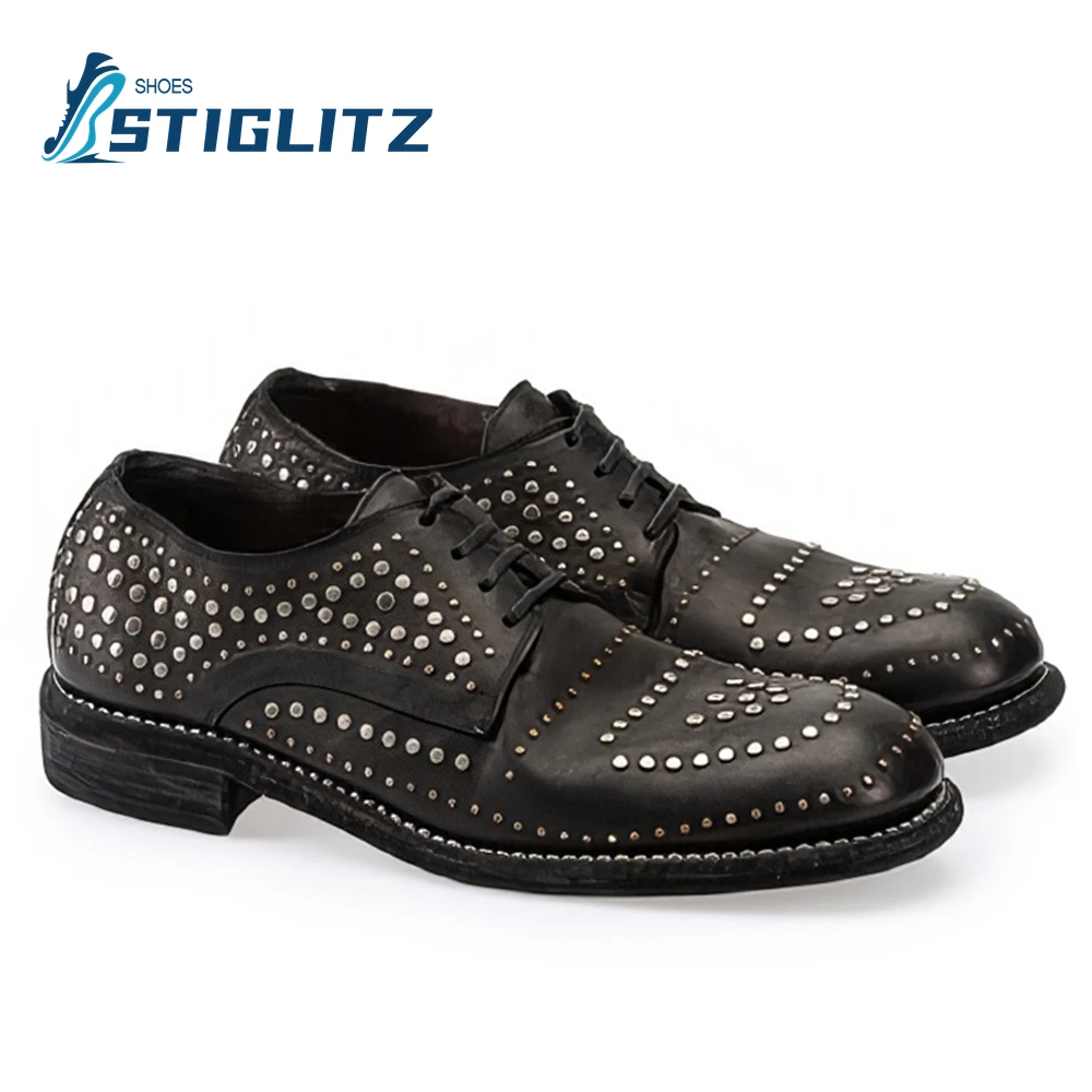 New Metal Pushpin Genuine Leather Brogues Men's Round Toe Shallow Sewing Thread Lace Up Oxfords Formal Wear Wedding Dress Shoes