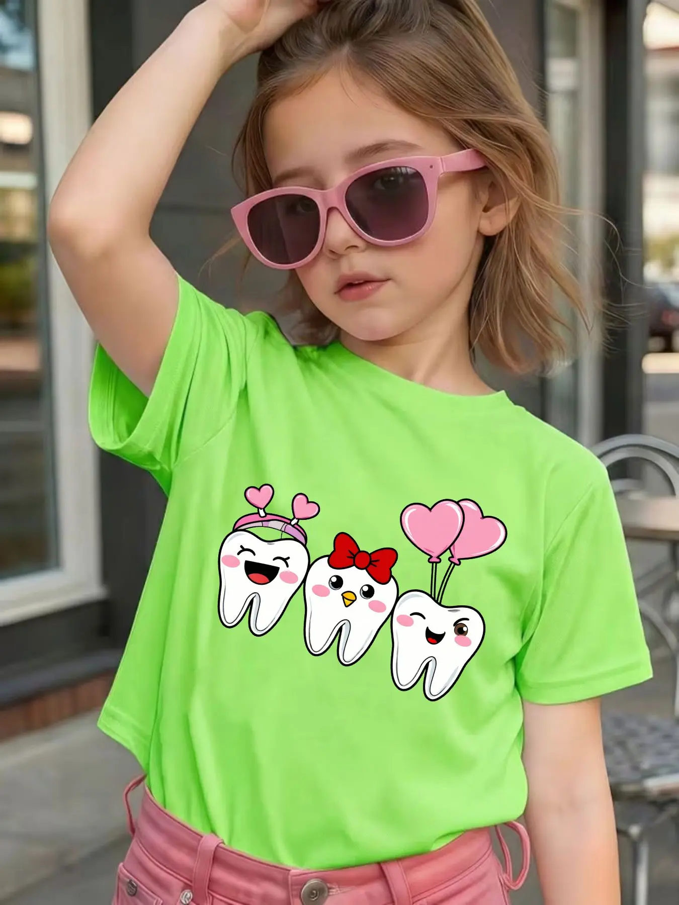 Cute Cartoon Teeth With Pink Hearts Graphic Kids Tee Boys Girls Family Matching Cotton Crew Neck Short Sleeve Soft Summer Tee