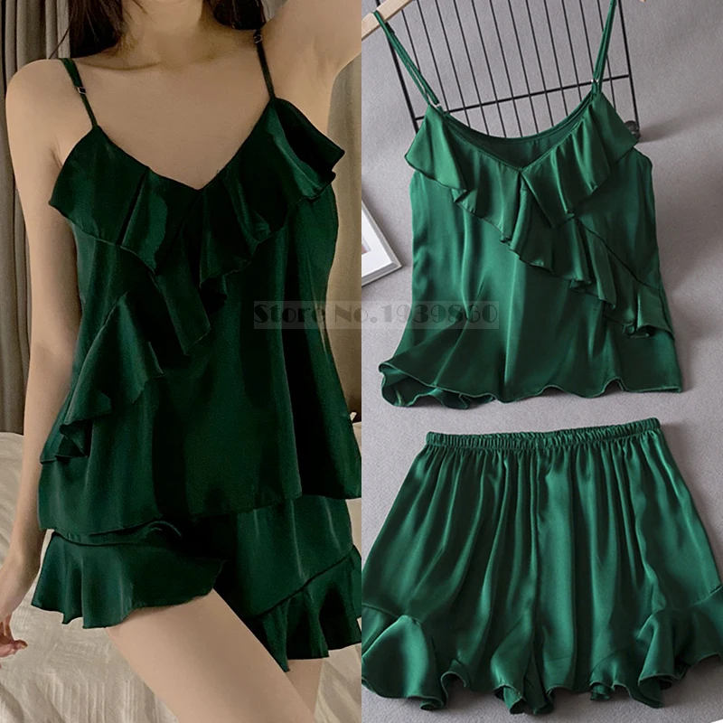 Summer Female Pajamas Set Green Ruffle Chemise Sleepwear Sexy Strap Top&shorts Intimate Lingerie Loose Silk Satin Home Wear