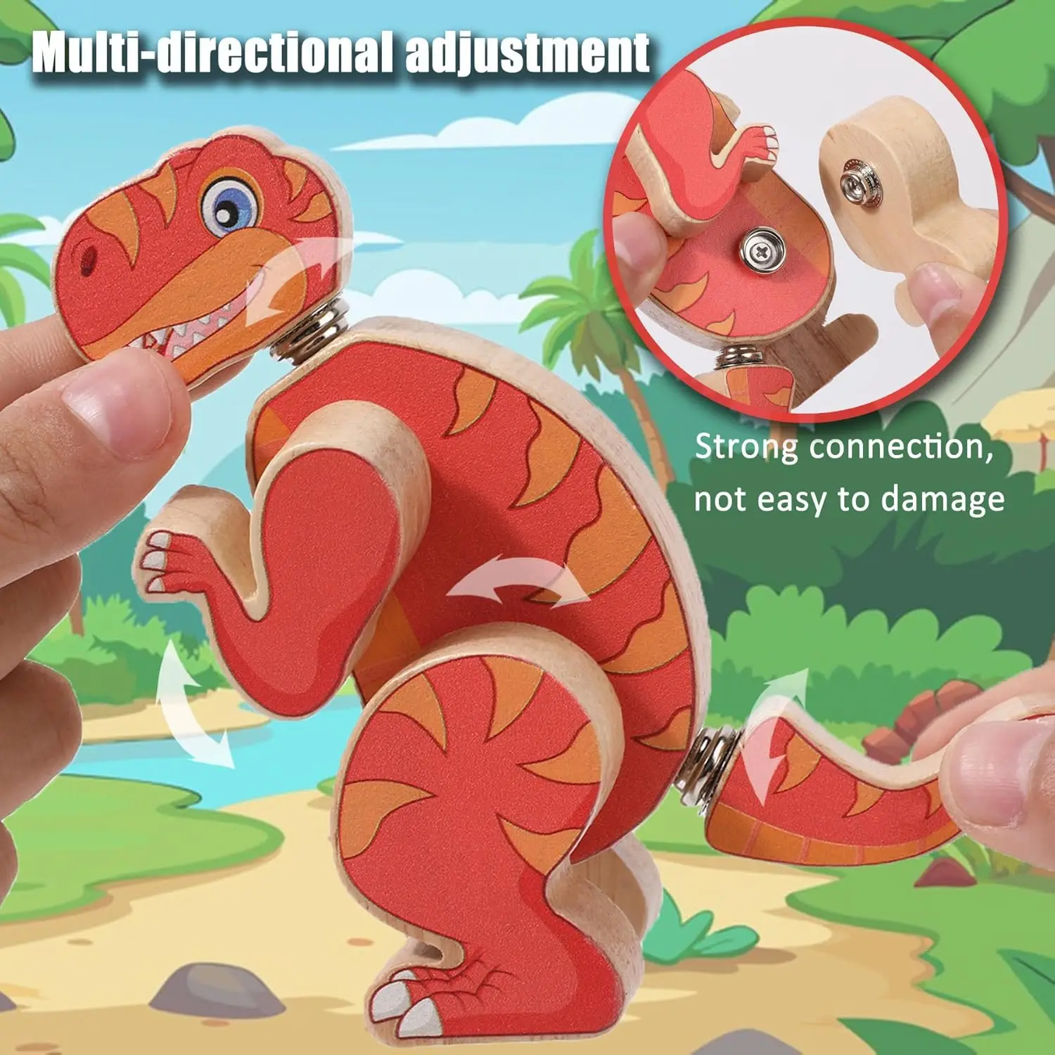 Dinozaury Drewniane Klocki Konstrukcyjne, Montessori Zabawki Dinozaury do Łączenia, Edukacyjne Prezenty STEM Rozwijające Motorykę Małą dla Dzieci 3