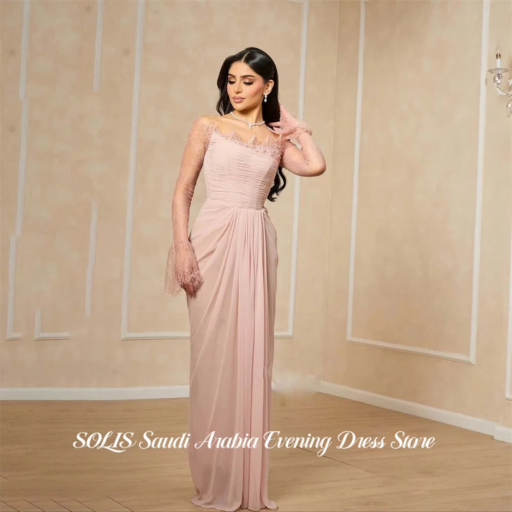 

SOLIS Blush Pink Prom Dresses Off the Shoulder Full Sleeve Evening Dresses Straight Party Dress vestidos de fiesta Customized