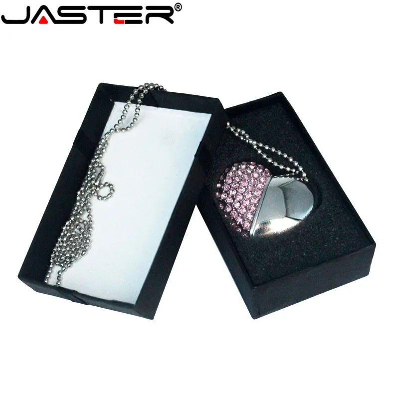 JASTER Pen Drive 2.0 Crystal Heart + Black Box Pen Drive Gemstone 64GB 32GB 16GB Free Key Chain Love Memory Stick Wedding Gift