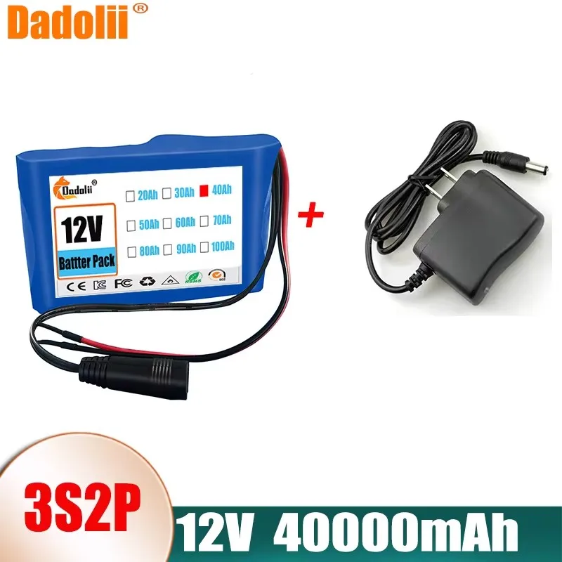 18650 3S2P 12V 40000mah Original Lithium Ion Battery DC 12.6V 40Ah Rechargeable CCTV, Camera Monitor Replacement Battery+Charger