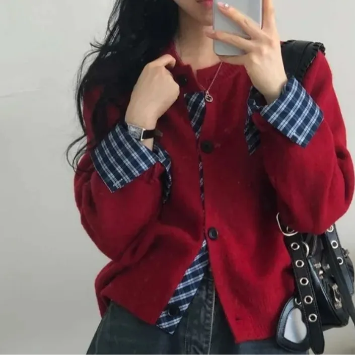 Korean Style Autumn Color Block Design Long Sleeve Knitted Open Cardigan round Neck Single Button Outerwear Women's Sweater