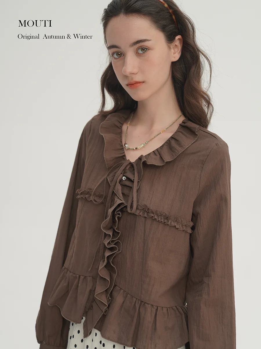 

Mouti Sena Вечерняя винтажная женская осенняя элегантная длинная блузка из смеси хлопка и полиэстера, удобная блезка...