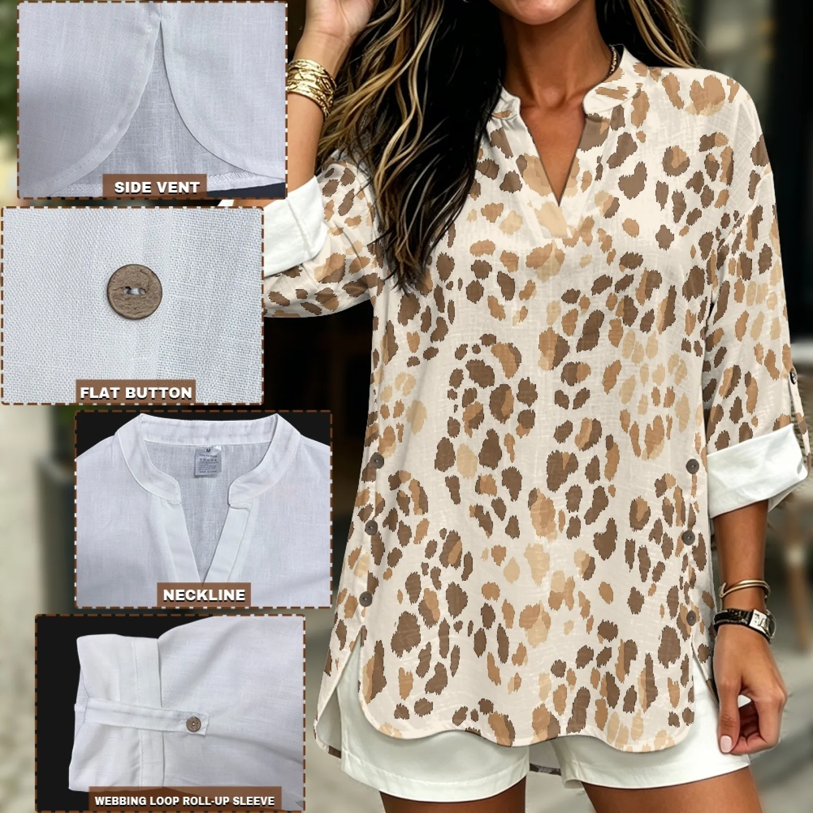 PENSTROLL Leopard Print Pattern Linen Like V Neck Blouses Lightweight Tunic Blouse for Everyday Wear Sizes S-5XL view 5