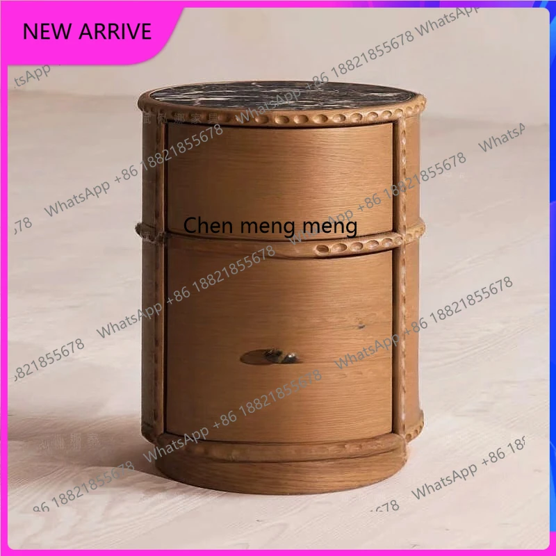 

Round carved bedside table/retro log storage cabinet/French drawer slate A