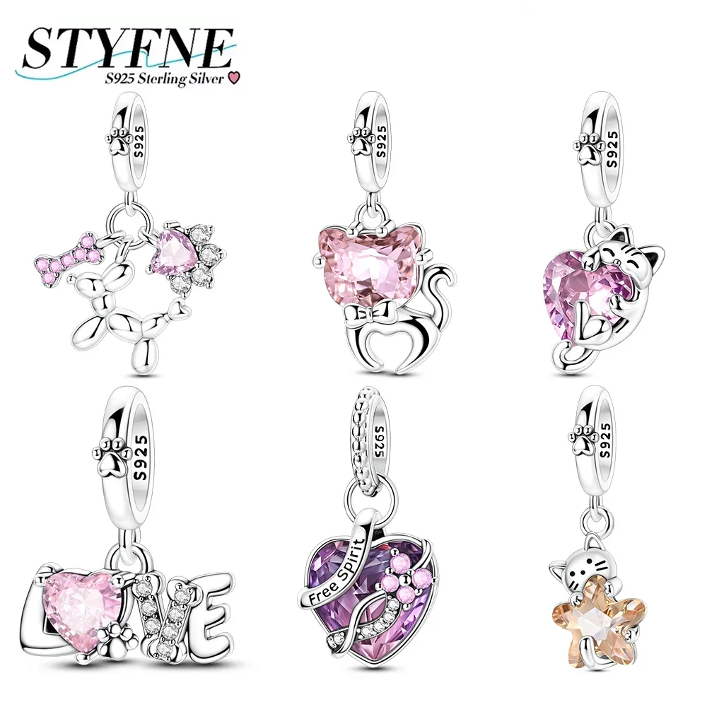

925 Silver Animal Series Pink Zircon Charms Cat Dog Butterfly Beads Pendants Fit Original Bracelet Exquisite Jewelry Gift Diy
