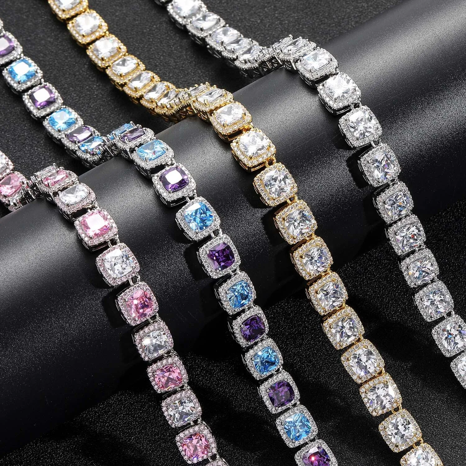 

Ice Sugar Chain Hip Hop Necklace for Men 10mm Square Colored Blue Purple Necklace BlingChain