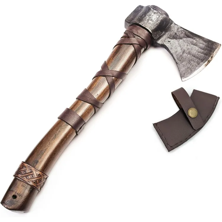 

14" Viking Throwing Axe - Fully Sharpened Norse Hand-Axe - Carbon Steel Axe Head with Premium Leather Cross-Stitch