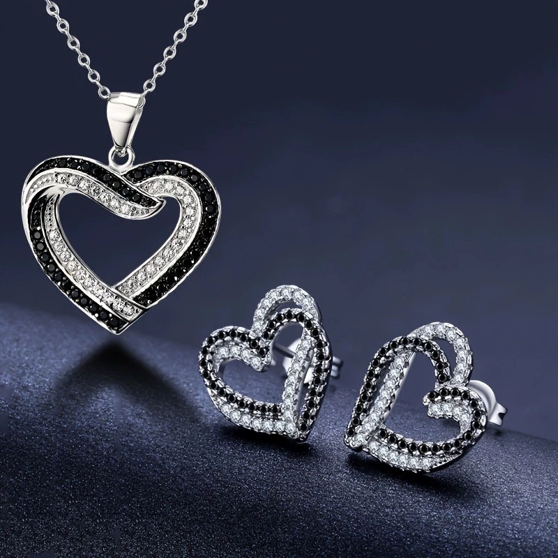 

925 Sterling Silver Heart Pendant Necklace & Earrings for Women Bridal Wedding Necklace Engagement Party Statement Jewelry Gifts