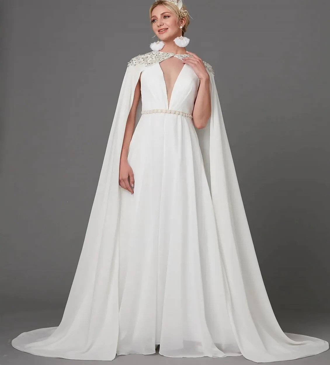 Customized 2025 Wedding Dresses With Cap Sleeves Vintage V-neck Beads Chiffon Satin Birde Gowns Arabic Dubai Vestidos De Noiva