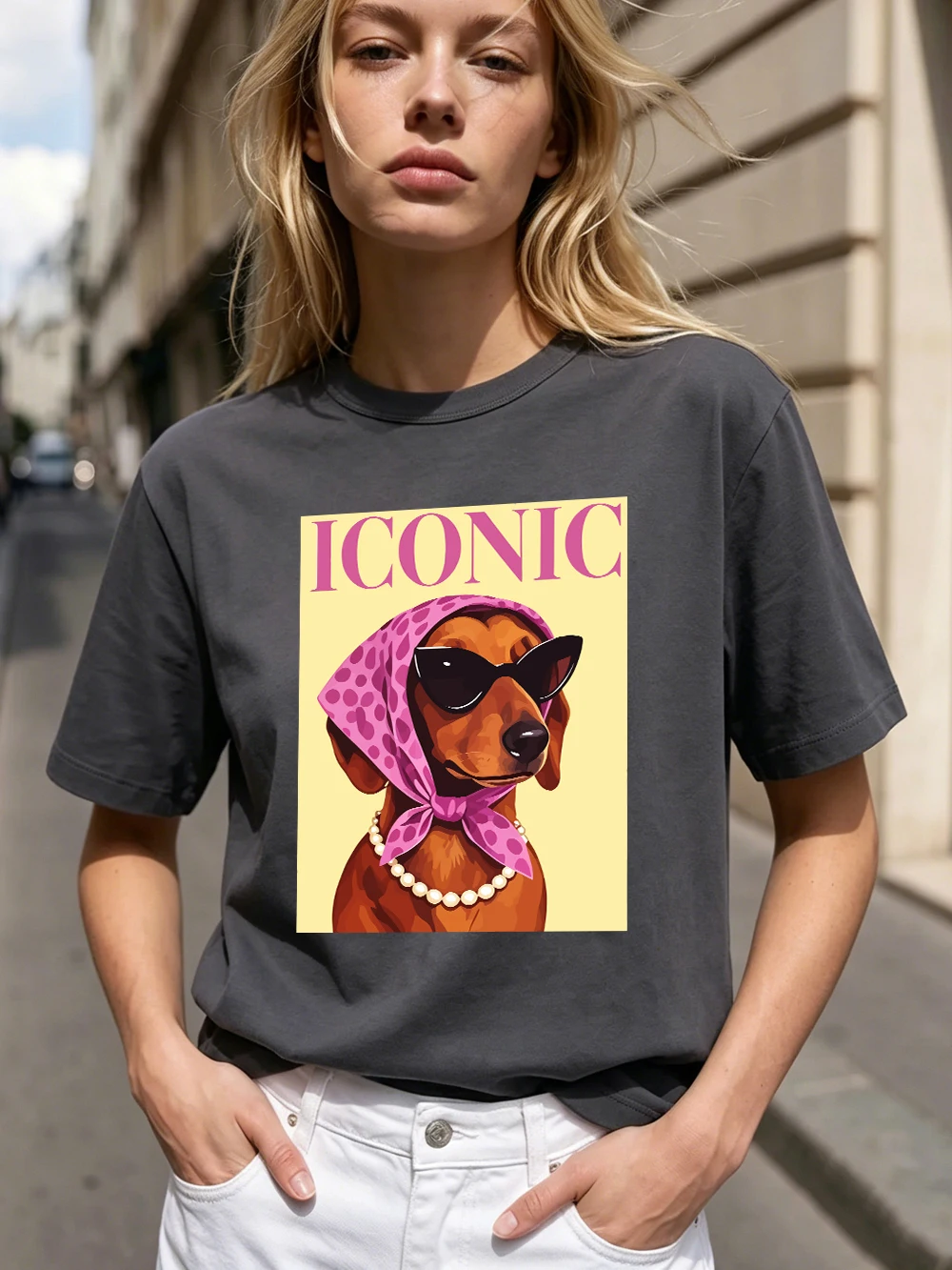 Ikonische Dackel-Prints, Baumwoll-T-Shirts für Damen, Sommer-Kurzarm-T-Shirts, O-Ausschnitt, weiche, übergroße Oberteile, einfache, bequeme Kleidung – Detail 31