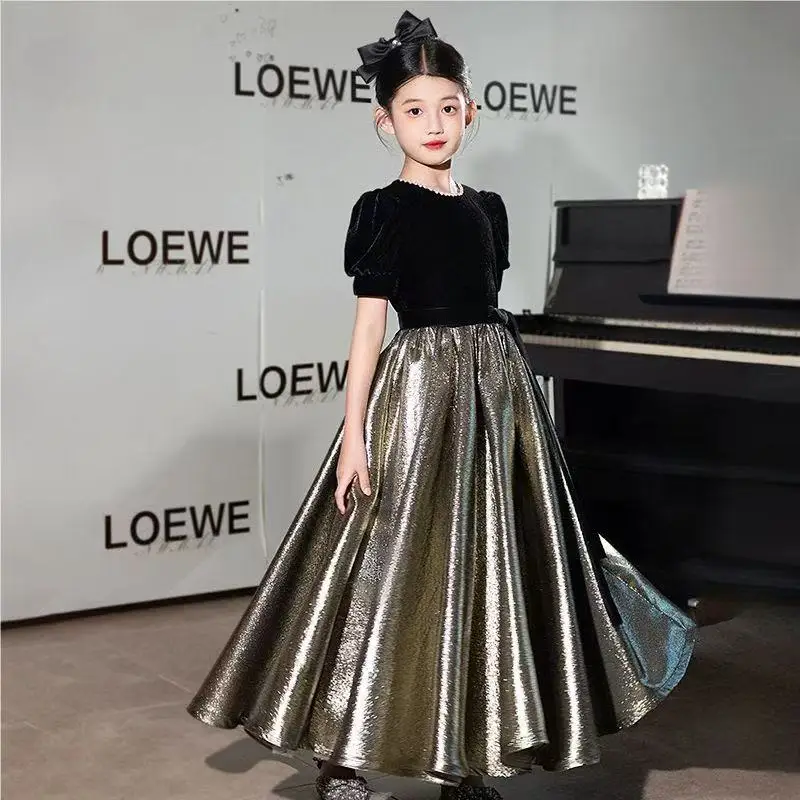 New Luxury Girls Formal Dress Hepburn Style Kids Piano Recital Violin Competition Host Party Gown for 110-160cm