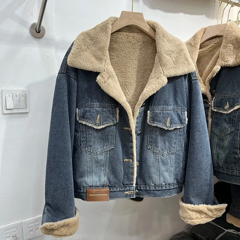 

Женская стеганая джинсовая куртка с воротником из овечьей шерсти, омолаживающая, в гонконгском стиле, универсальная, зимняя верхняя одежда
