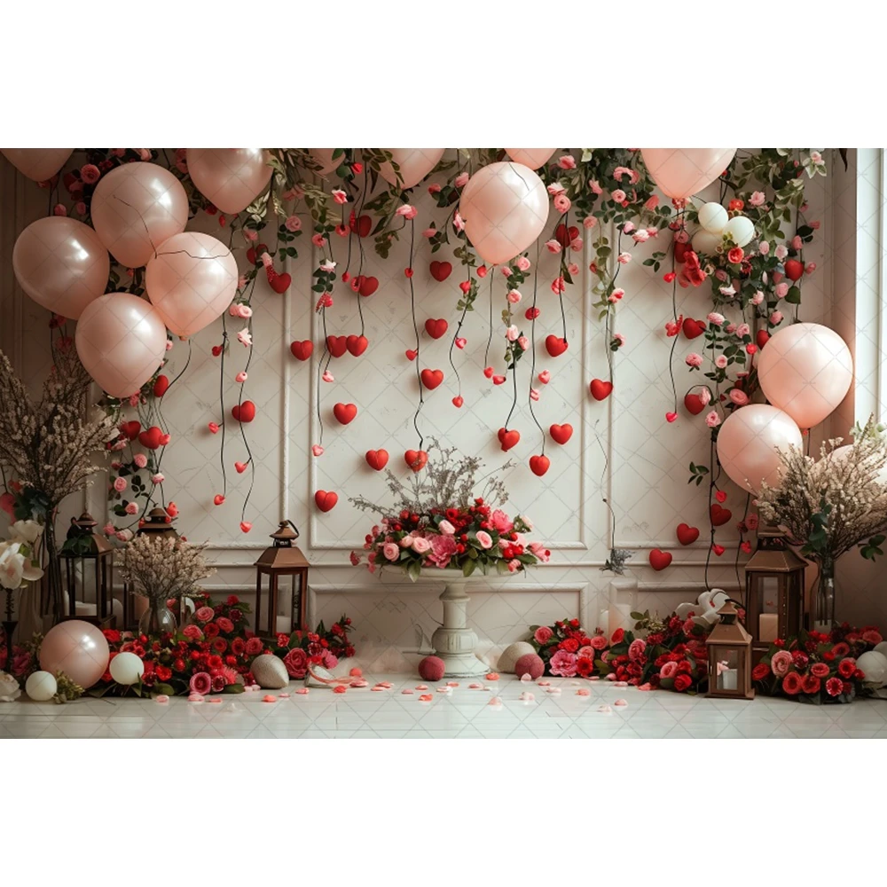 Valentine’s Day Photography Background Pink Red Love Heart Balloons Wedding Party Backdrop Lover Portrait Photozone Banner Props