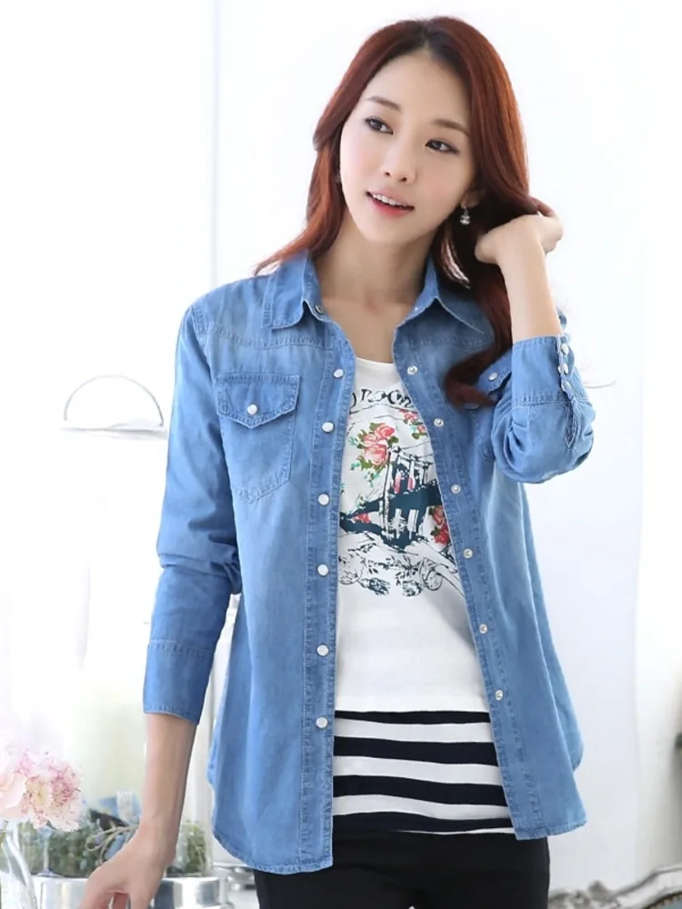 Casual Blue Denim Shirts Women Basic Single-Breasted Vintage Fashion Turn Doen Collar Long Sleeve Tops New Summer 2023