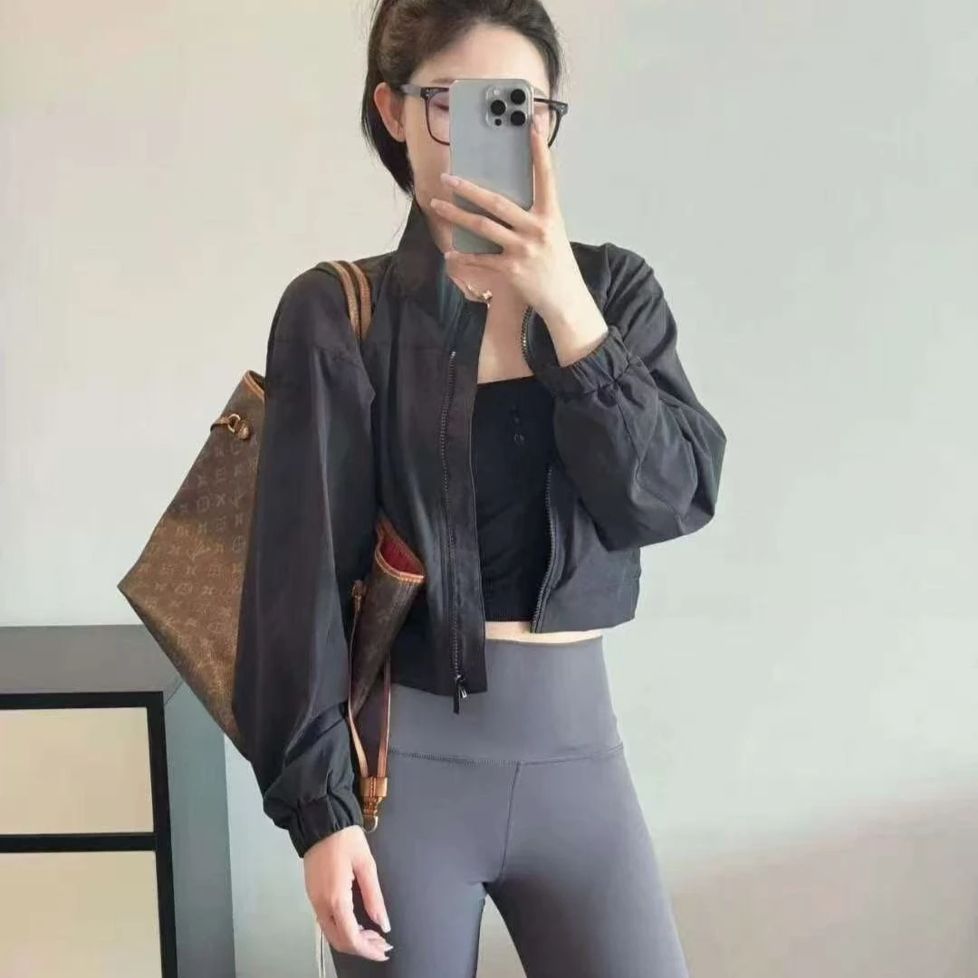 

Goddess Women Fitness Thin Coat Loose Half Zipper Crop Top Drawstring Long Sleeve Sun Protect Running Yoga Workout Jacket