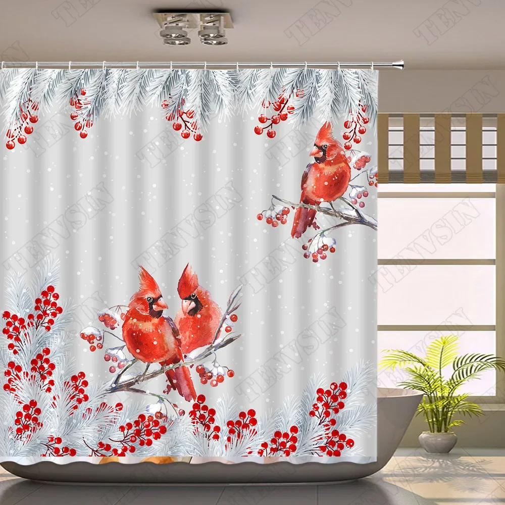 Pine Trees Color Rope Ball Shower Curtain Christmas Gift Snow Red Bird Snowman Holiday New Year Bathroom Decor Accessories Set