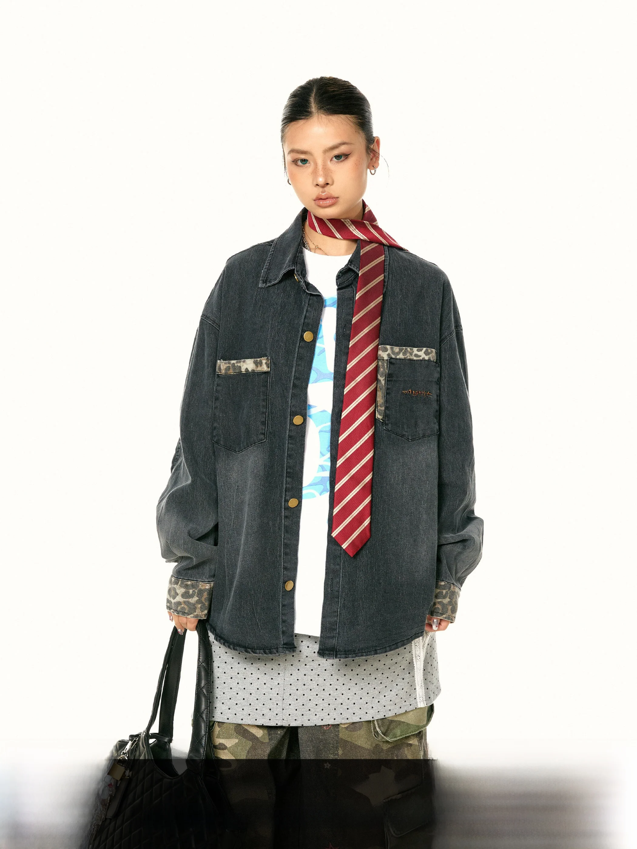 

Blabb Denim Loose Jaet Retro Patchwork irt Leopard Print American Wa Sle ex Vintage Cotton Polyester Blend