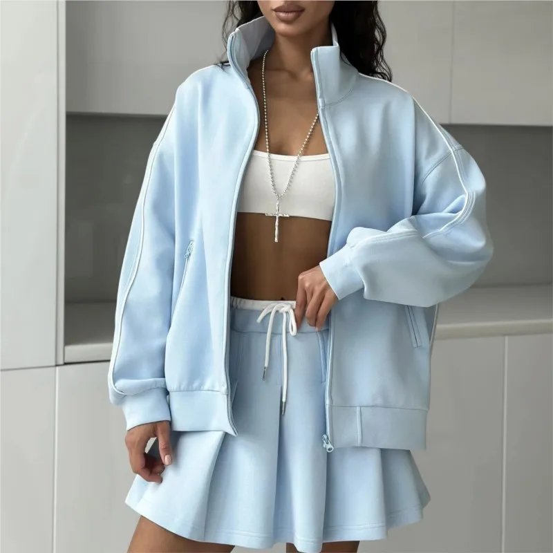 

2025 Women Style Zip-Up Cardigan Jacket & Drawstring Sports Skort Skirt Two-Piece Casual Set Trendy Active Outfit