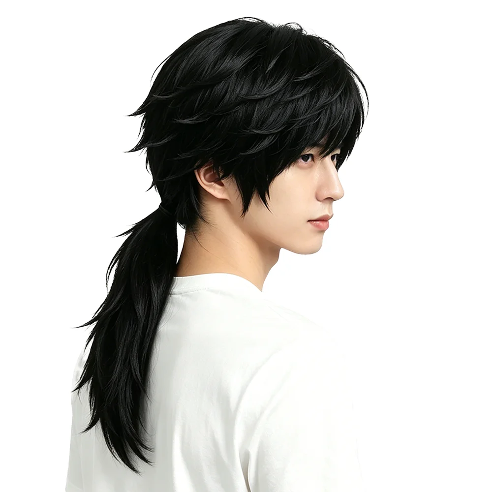 Unisex Tomioka Giyuu Cosplay Wig 65cm Black Spiky Layered Ponytail Heat Resistant Soft Synthetic Hair For Anime Halloween Party