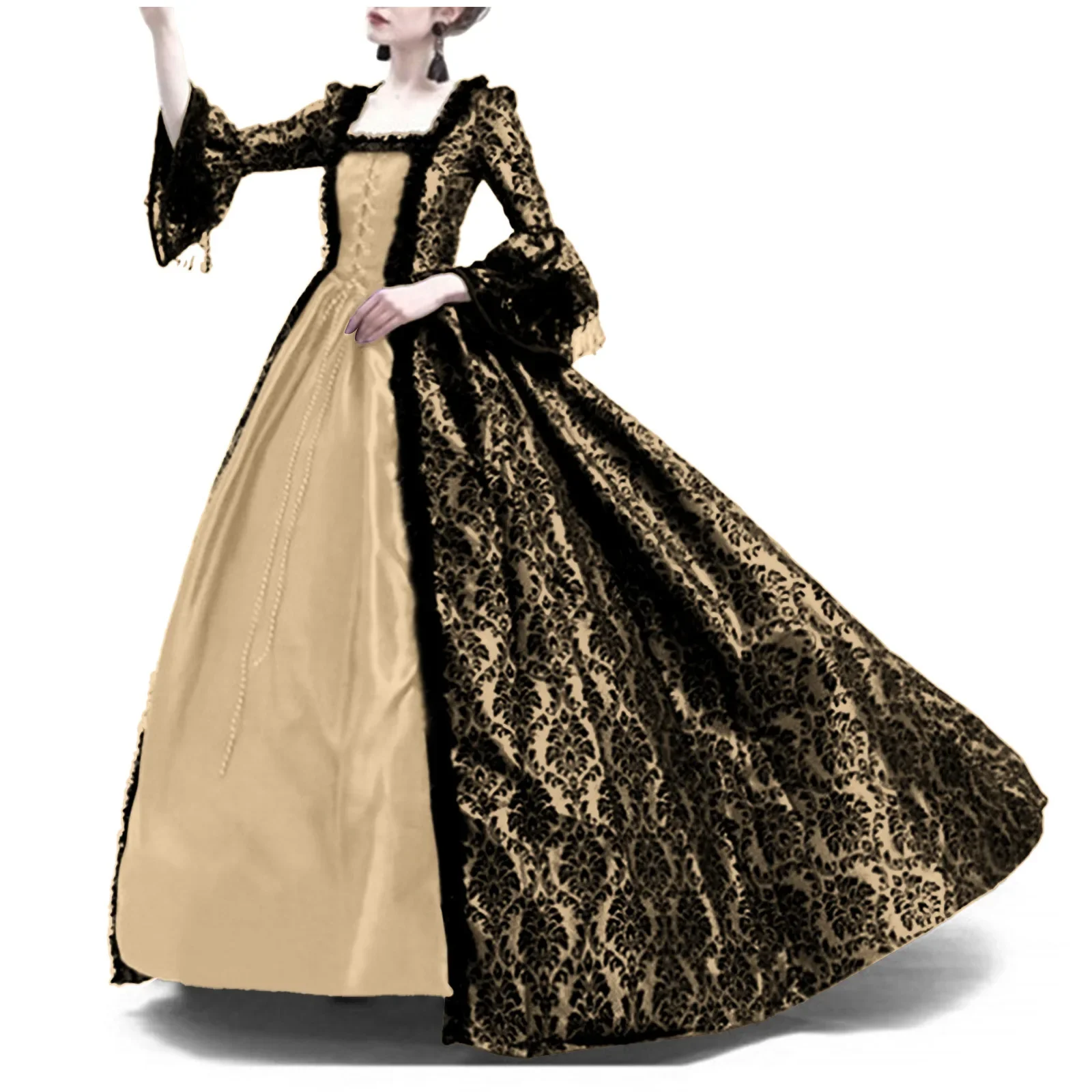 القرون الوسطى الدانتيل المرقعة جرس كم فستان المحكمة الرجعية الخامس الرقبة كامل طول الكاحل فستان المرأة موضة فانوس كم ثوب