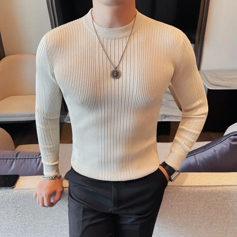 Winter New O-Neck Knitted Sweaters For Men Luxury Striped Slim Fit Casual Breathable Pullover Solid Simples Long Sleeve Sweater