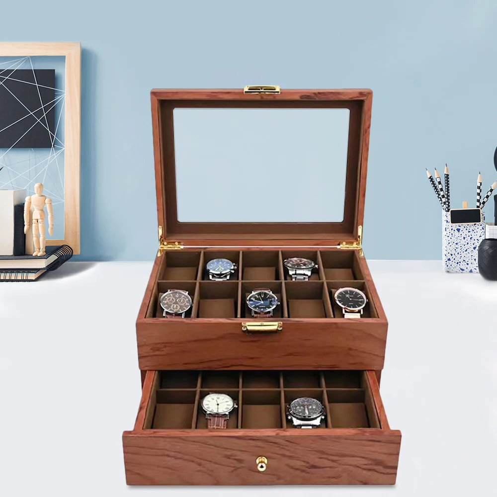 20-Slot Rosewood Organizer Box, Jewelry Watch Case Storage Display Tray Case