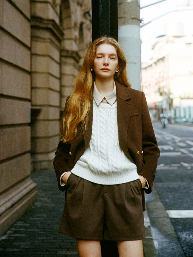 FSLE-Chaqueta corta de lana de doble cara para mujer, abrigo de oficina de dos botones, de un solo pecho, 100% lana