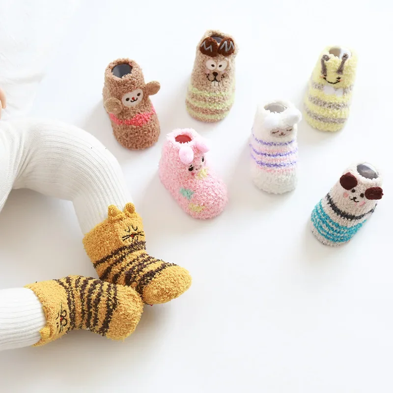 New Cute Cartoon 3D Animal Embroidery Kids Floor Socks Baby Socks Winter Warm Coral Fleece Socks for Newborn Infant Toddler