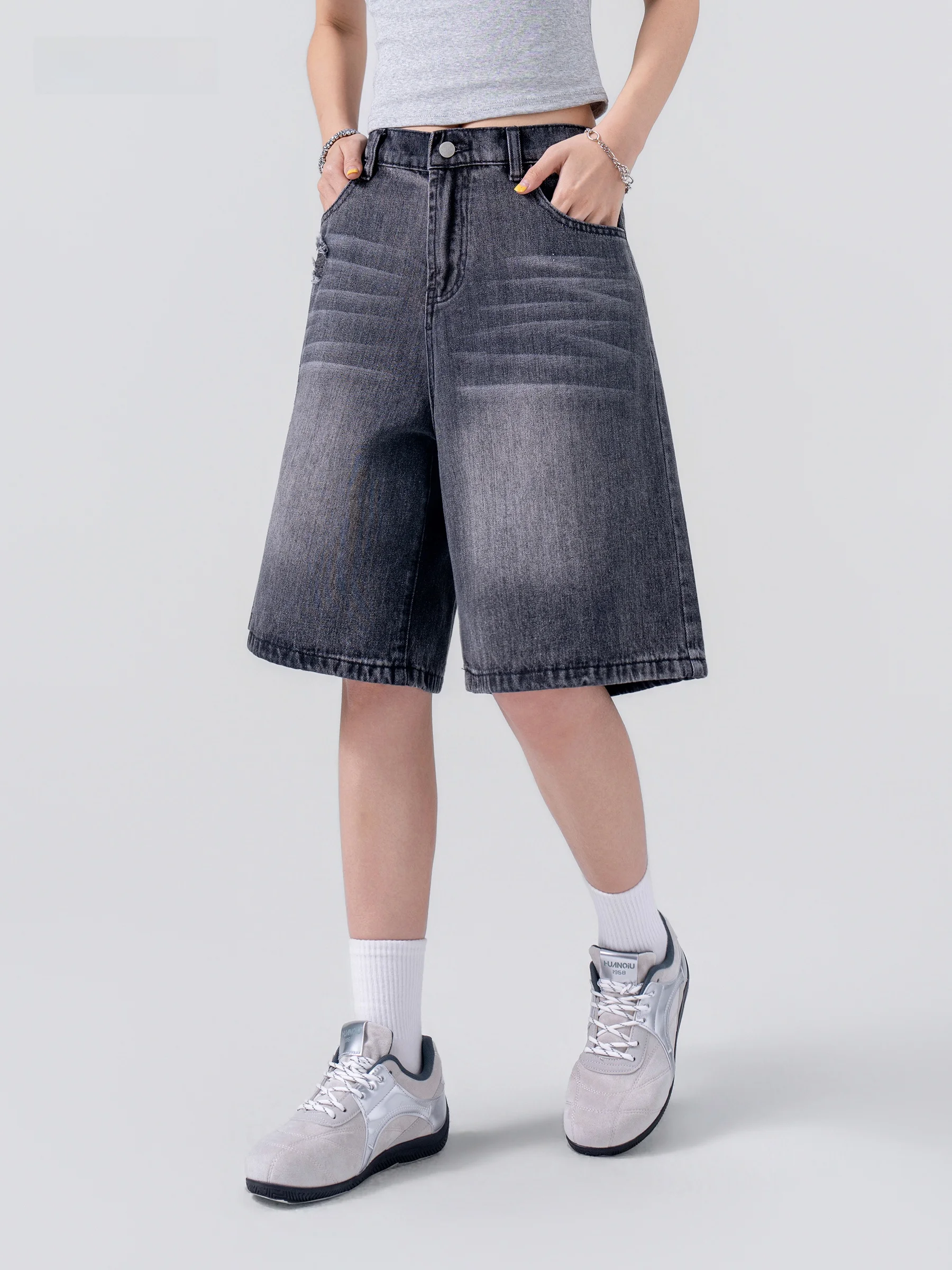AOGZ American Street Style Loose Fit Denim Shorts Five-Quarter High Waist Straight Leg Jeans Casual Summer New Arrival