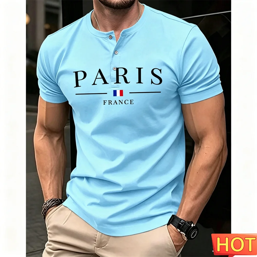 Summer Men's Henry T-shirt letter pattern T-shirt Men's Sports Henry shirt Hip Hop Street Clothing Tops Casual T-shirt for man