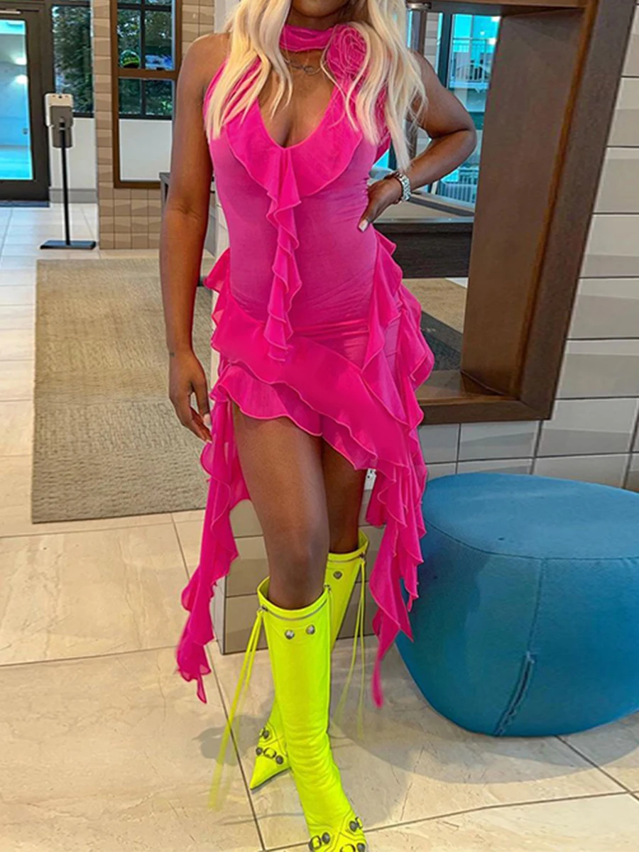 เดรสยาวคล้องคอเซ็กซี่สำหรับผู้หญิงชุดเดรสแขนกุดผ้าโปร่งเสื้อชุดเดรสปาร์ตี้ลายดอกกุหลาบแบบไม่สม่ำเสมอ