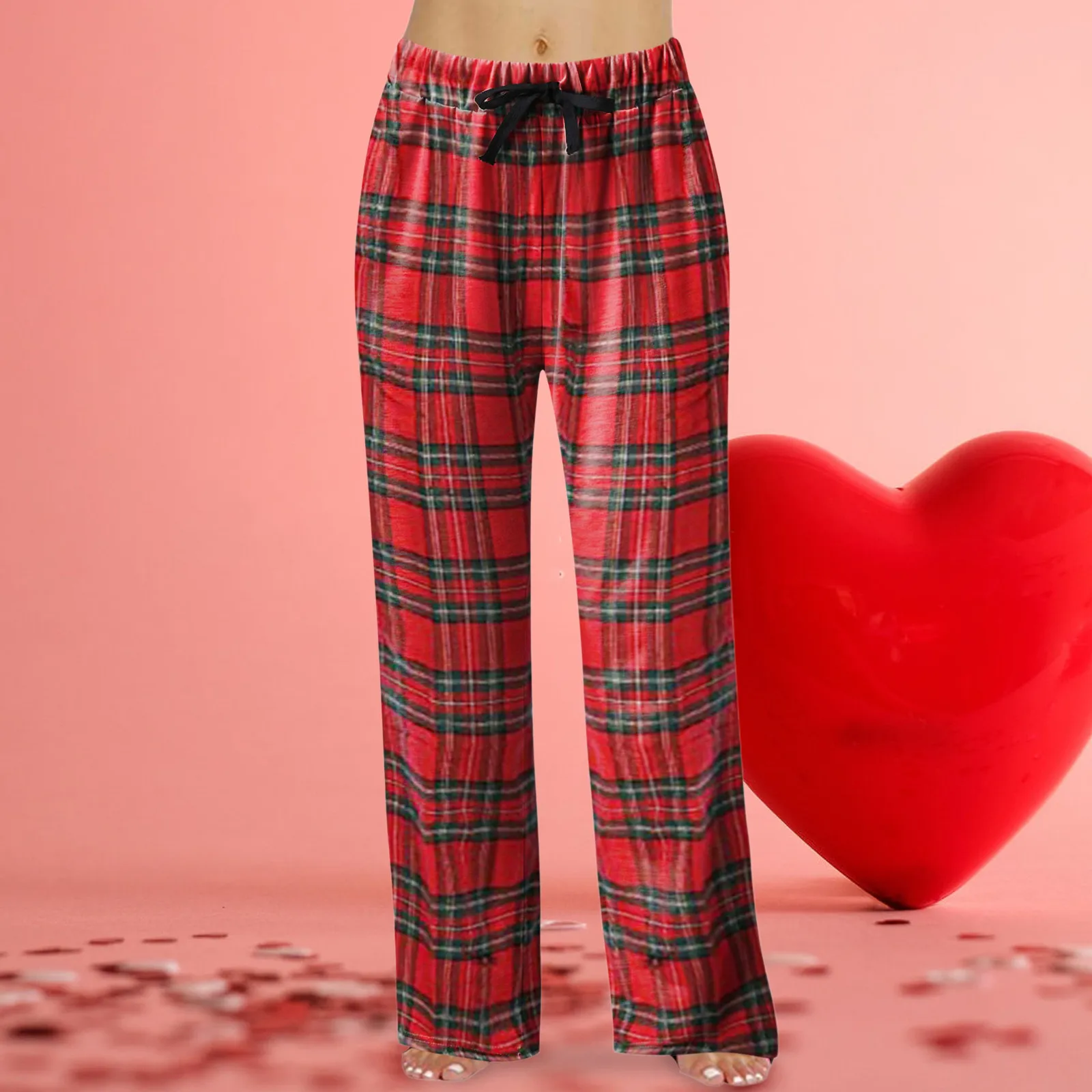 Women's Spring Fashion Casual Plaid Lace Can Be Worn Outside Color Block Elastic Waist Wide Leg Trousers Pajamas Home Pants