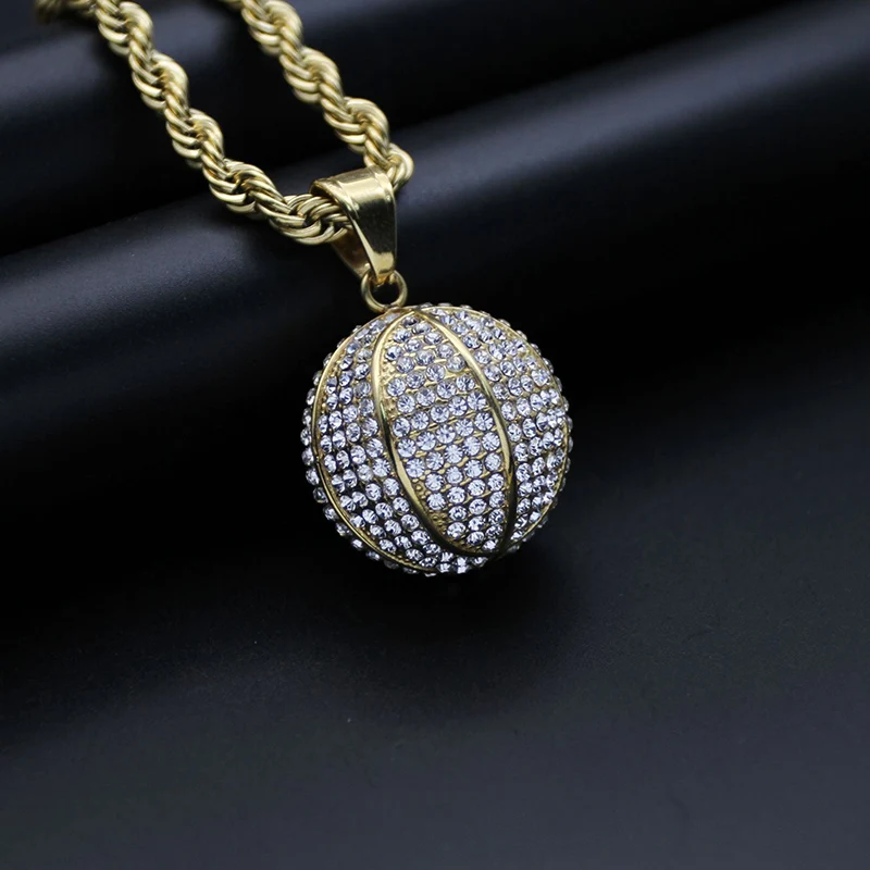 Hip Hop Bling Iced Out Solid Stainless Steel Ball Basketball Pendants Necklaces for Men Jewelry Gold Color Drop Shipping