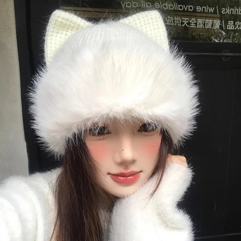 

Ins милые кошачьи уши белые плюшевые вязаные шапки Y2K осенне-зимние теплые универсальные индивидуальные милые женские шапки для путешествий