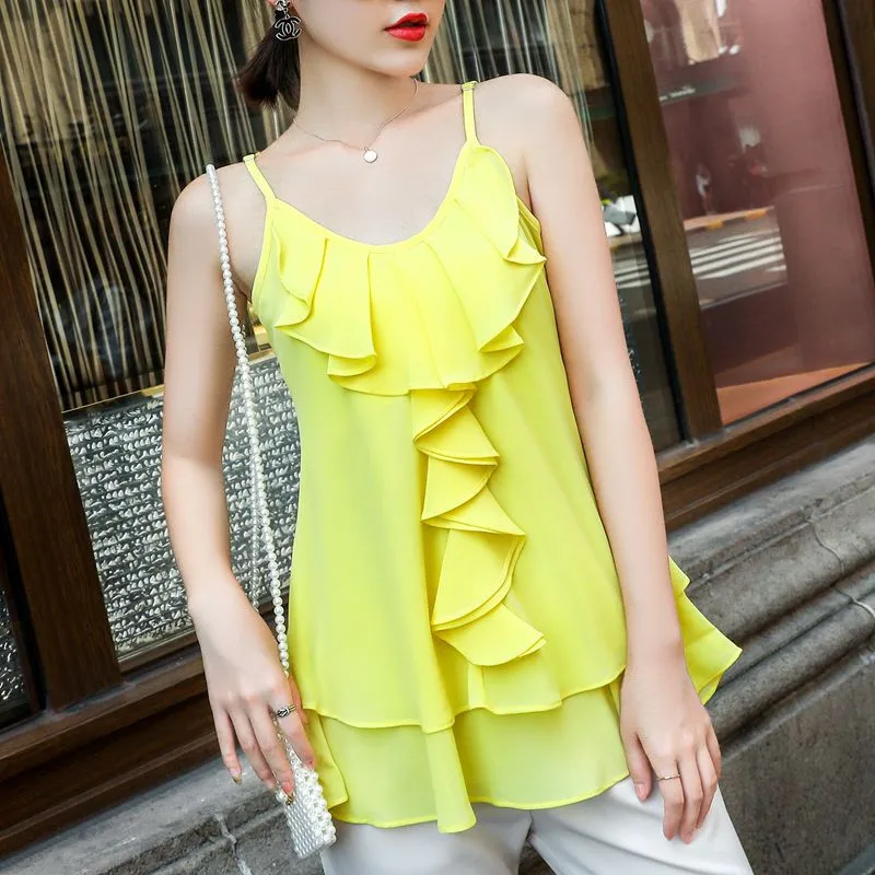 Women Casual Solid Sleeveless Ruffles Lace Up Tanks Tops Sexy Spaghetti Strap Chiffon Shirt office blouse